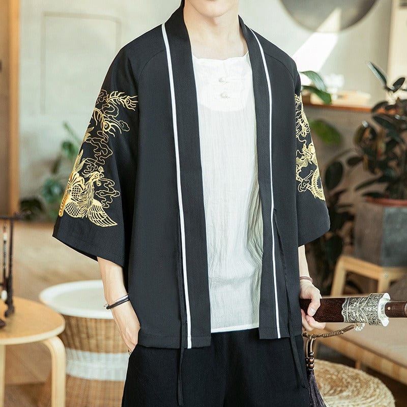 Cardigan Kimono Japonais Dragon Doré - Style Impérial