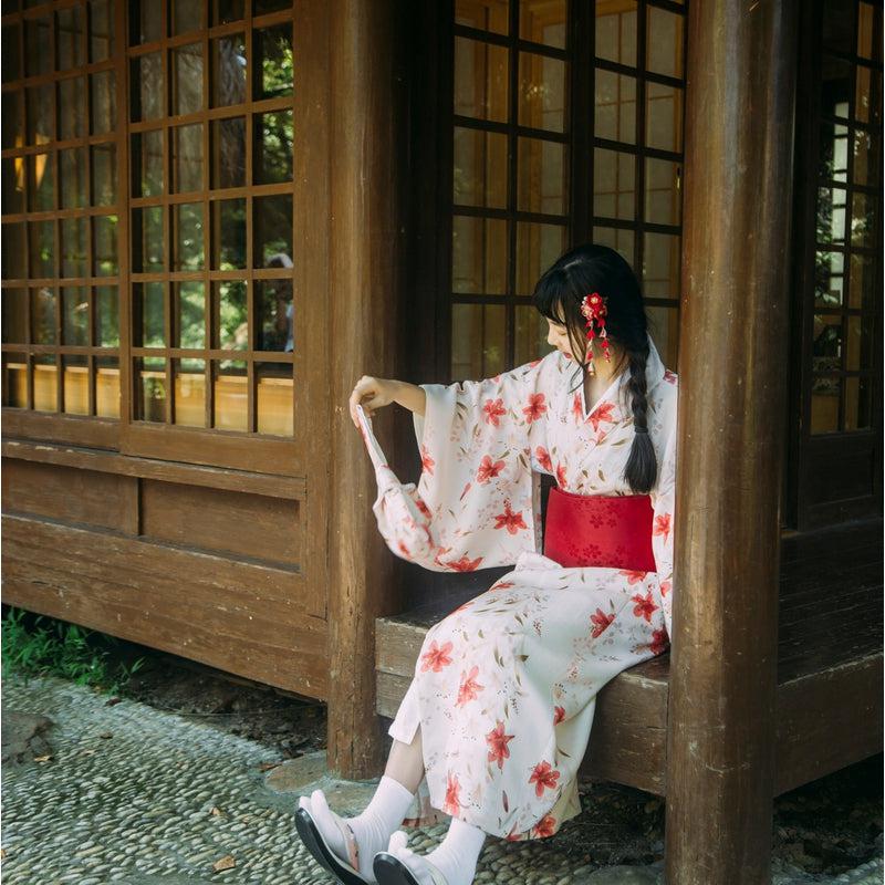 Long Japanese Red Floral Kimono - Sakura Collection