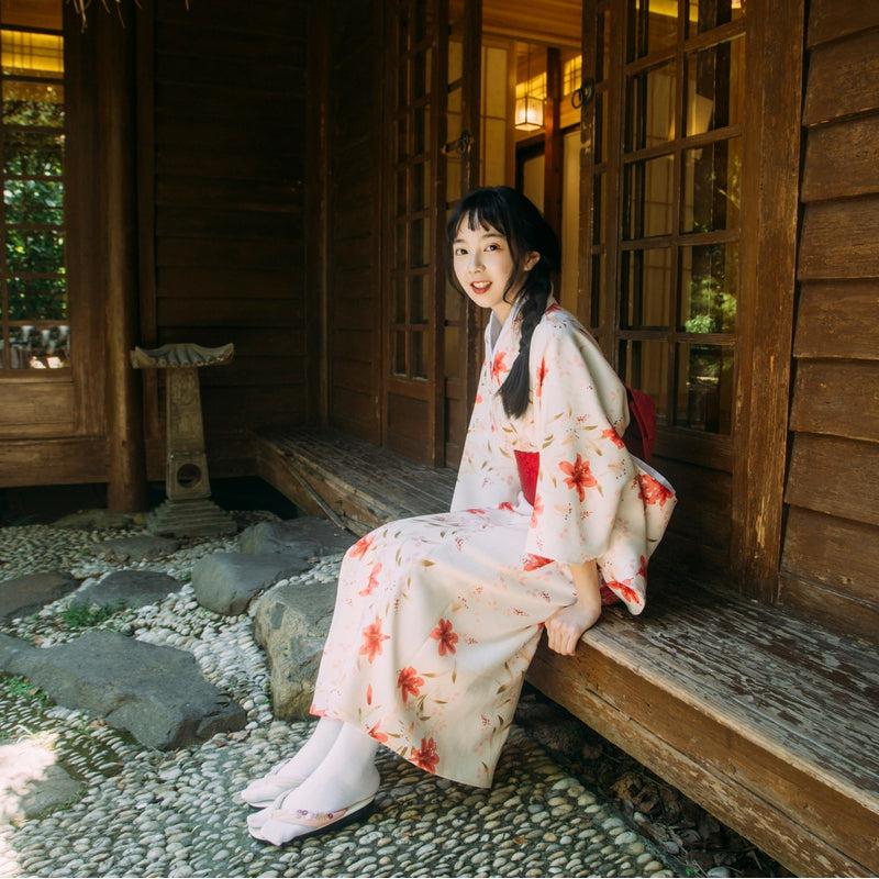 Long Japanese Red Floral Kimono - Sakura Collection