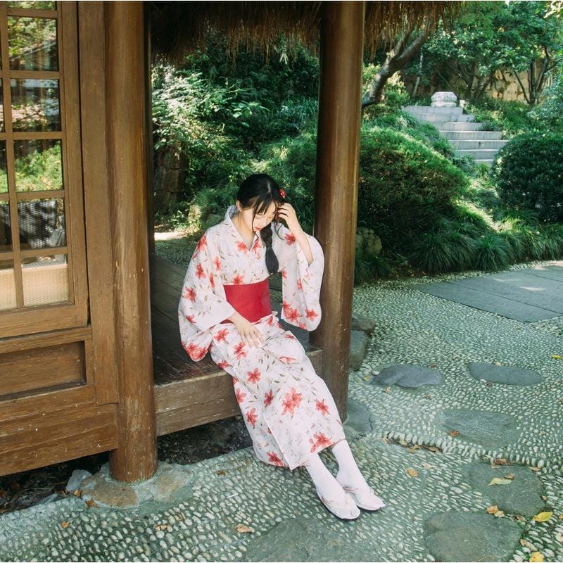 Long Japanese Red Floral Kimono - Sakura Collection