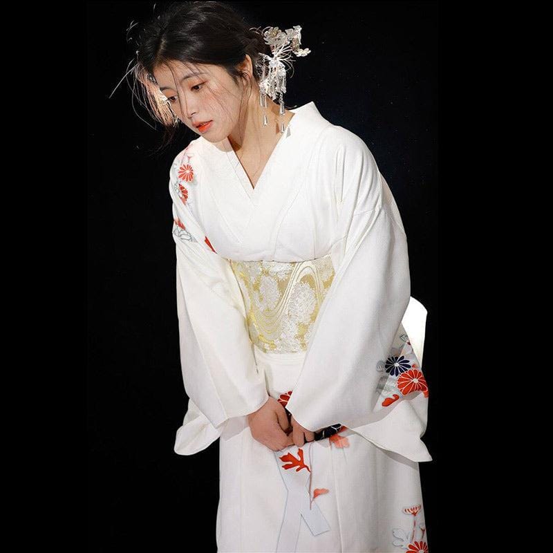 Traditional White Floral Japanese Kimono - Sakura Collection