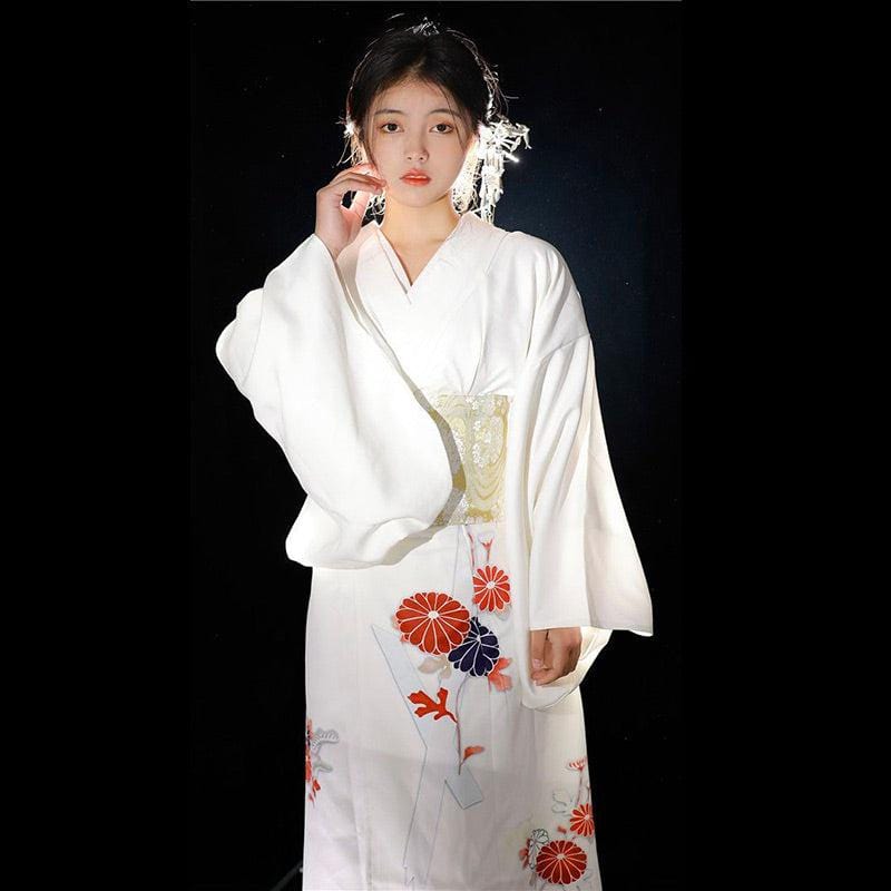 Traditional White Floral Japanese Kimono - Sakura Collection