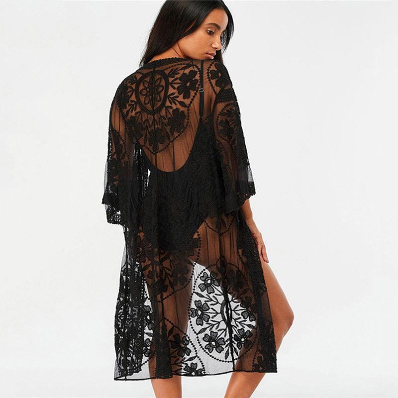 Kimono Long en Dentelle Noire