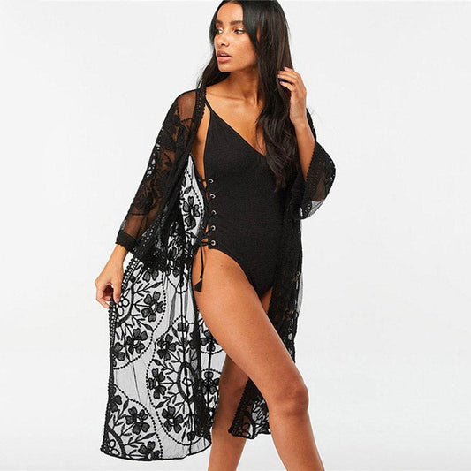 Kimono Long en Dentelle Noire