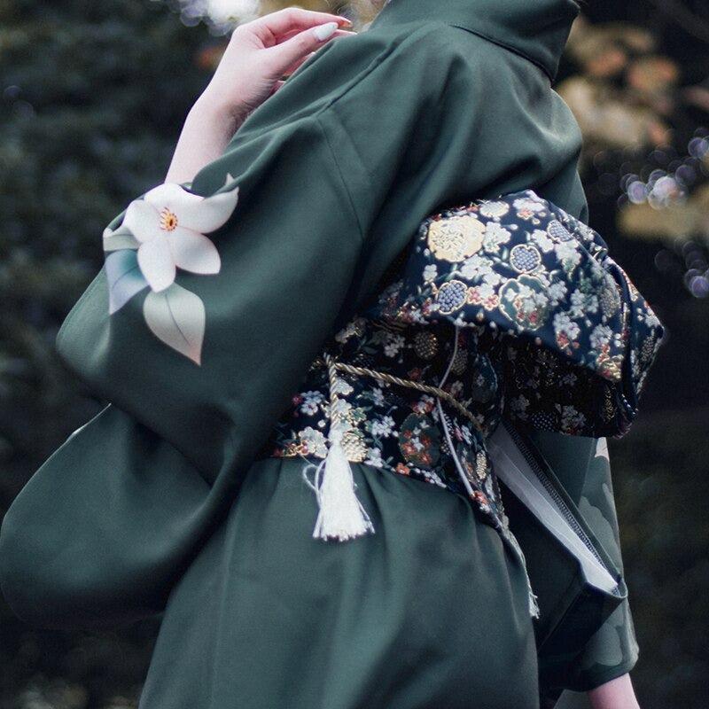 Long Black Japanese Floral Kimono - Sakura Collection