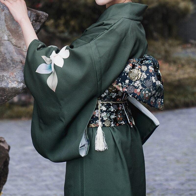 Long Black Japanese Floral Kimono - Sakura Collection