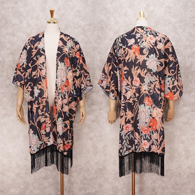 Kimono Nocturne Mi Long Fleuri en Noir