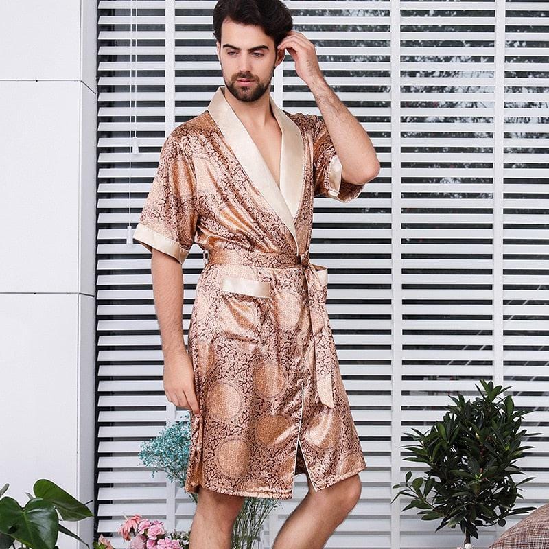 Kimono de Nuit Satiné Beige pour Homme