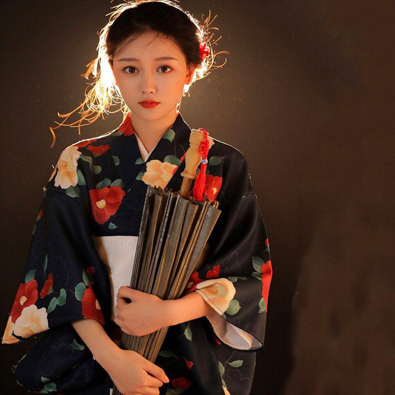 Traditional Black Japanese Floral Kimono - Sakura Black Collection