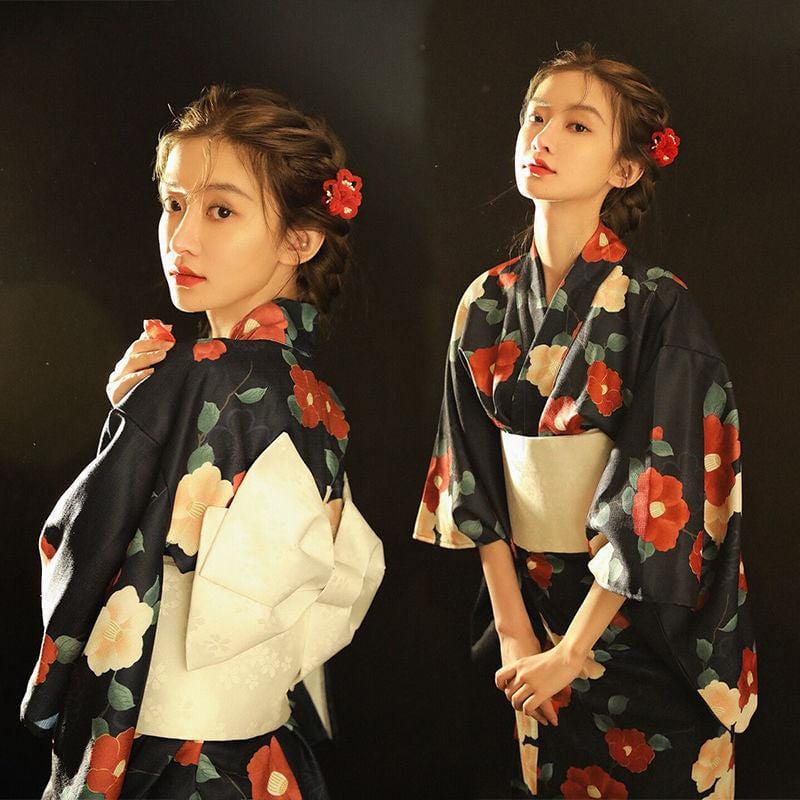 Kimono Traditionnel Noir Japonais Fleuri - Collection Sakura Noir