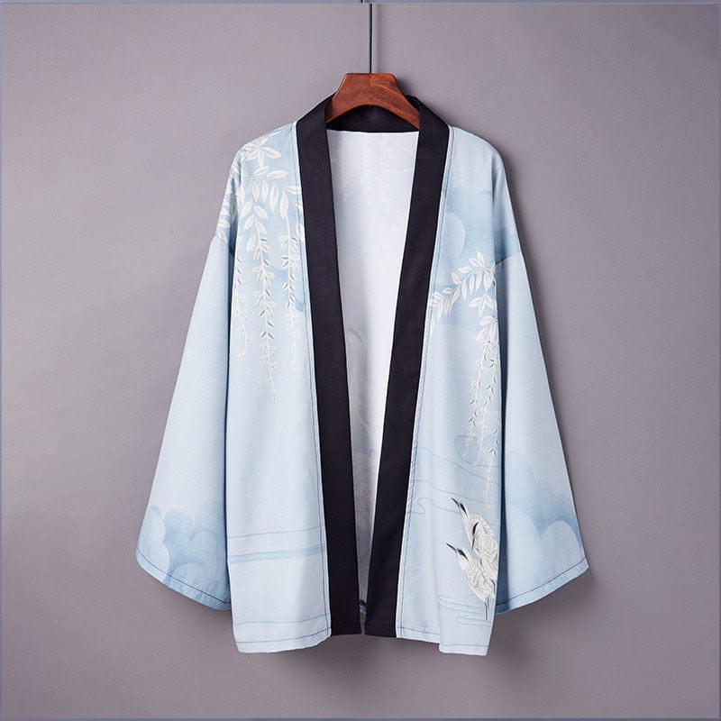 Short Blue Kimono Jacket with Crane Pattern