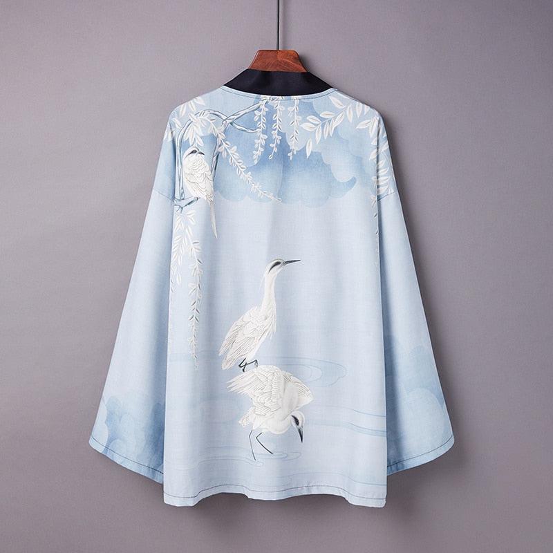 Veste Kimono Bleu Courte avec Motif Grue