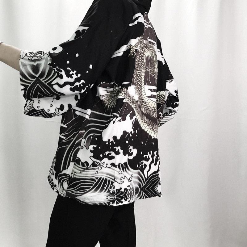 Black Dragon Japanese Kimono Jacket in Cascade