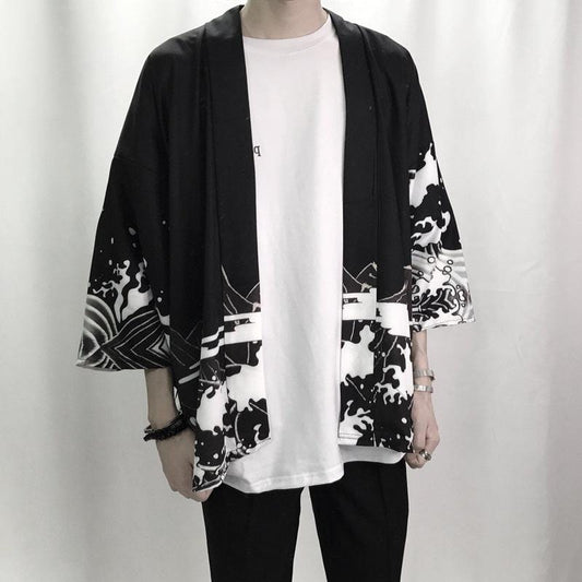 Veste Kimono Japonais Dragon Noir en Cascade