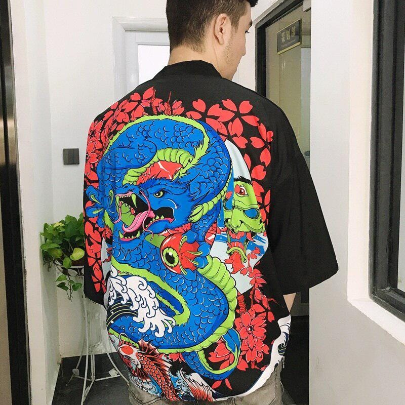 Veste Kimono Japonais Dragon Bleu - Édition Limitée