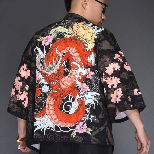 Veste Kimono Japonais Dragon Rouge - Édition Exclusive