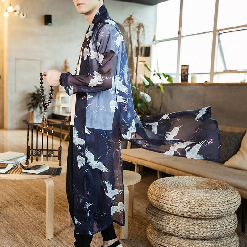 Veste Kimono Japonais de Style Transparent avec Motif de Grues