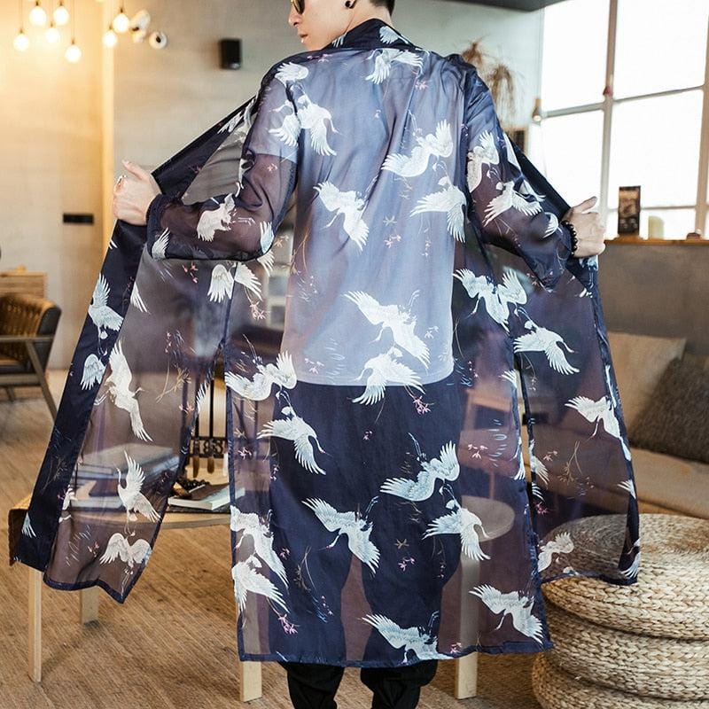 Veste Kimono Japonais de Style Transparent avec Motif de Grues