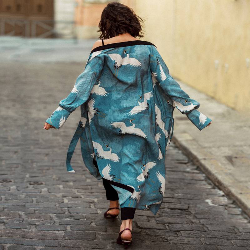 Veste Kimono Long Japonais - Bleu Sérénité