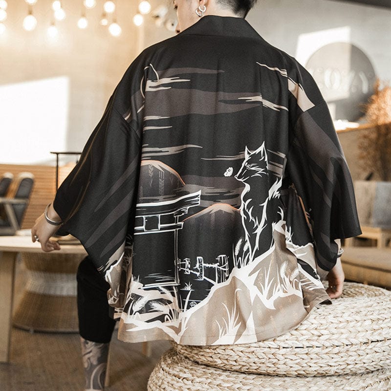 Veste Kimono Satin Temple Loup - Édition Exclusive