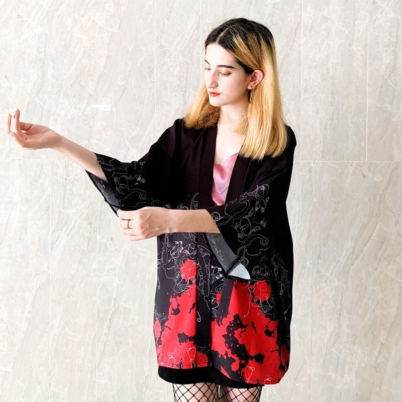 Veste Kimono Élégance Noire et Rouge